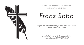 Traueranzeige von Franz Sabo von Pegnitz-Zeitung